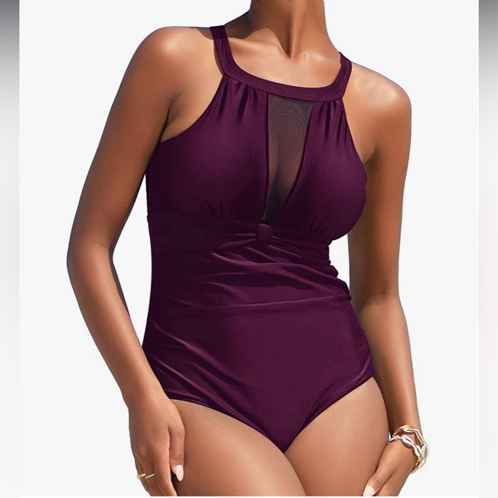 Beautiful burgundy one piece swimsuit , mesh tummy Control